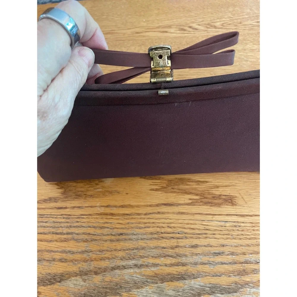 Vintage Brown Satin Bow Clutch Bag Gold Chain Shoulder Strap Evening Formal Bag